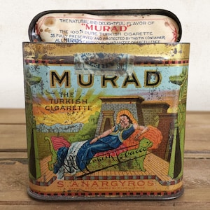 Vintage Tobacco Tin, Murad Turkish Tobacco Pocket Can with Paper Lid Insert, General Store Advertising Tins, Antique Metal Cigarette Case