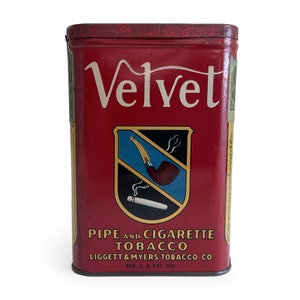 Vintage Velvet Pocket Tobacco Tin, Paper Tax Stamp, Tobacco Advertising, General Store Tins, Red Metal Cigarette Case, Stash Box, Rustic Can