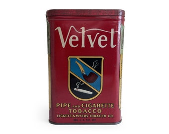 Vintage Velvet Pocket Tobacco Tin, Paper Tax Stamp, Tobacco Advertising, General Store Tins, Red Metal Cigarette Case, Stash Box, Rustic Can