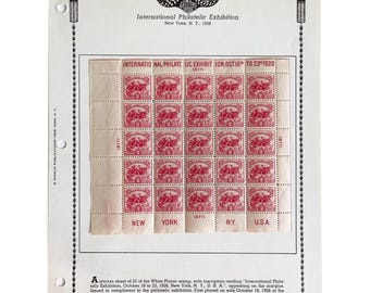 1926 White Plains Sheet Block of 25 Stamps Scott 630, International Philatelic Exhibition Issue, Mint Vintage U.S. Postage