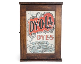 Antique Dy-O-La Wood Storage Cabinet, Small Tabletop Cabinet with Compartment Shelves, Rustic General Store Fabric Dye Display, Dyola Dyes