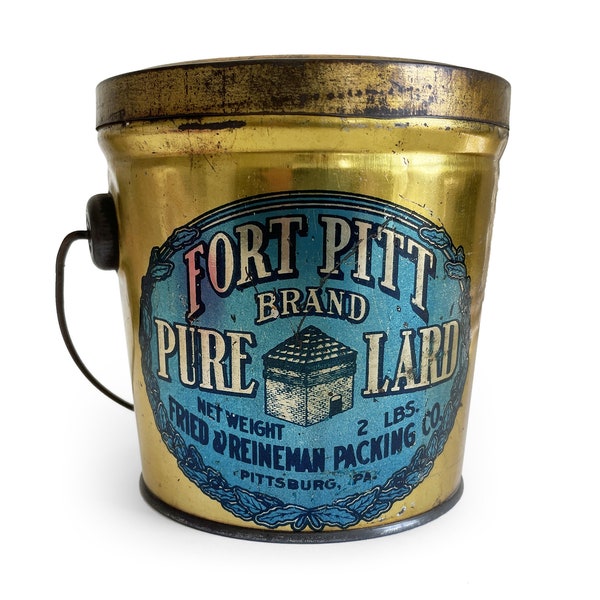 Antique Lard Tin Bucket with Bail Handle, Fort Pitt Pure Lard Pail, Vintage Advertising, General Store Tins, Kitchenalia, Rustic Kitchen