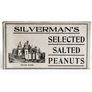Publicidade vintage, caixa de lanches de amendoim salgado da Silverman's, Kitchenalia, embalagem de alimentos, caixa de papelão, decoração rústica de cozinha, acessórios para casa
