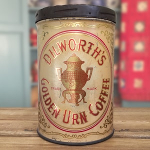 Vintage Coffee Tin, Dilsworth Golden Urn Coffee Can, General Store Advertising Tins, Modern Farmhouse Home Accents, Decorative Tin