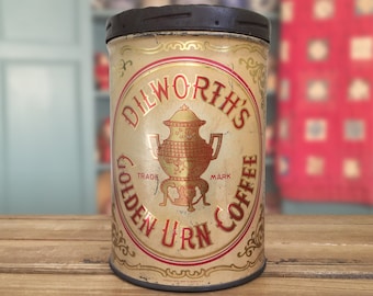 Vintage Coffee Tin, Dilsworth Golden Urn Coffee Can, General Store Advertising Tins, Modern Farmhouse Home Accents, Decorative Tin