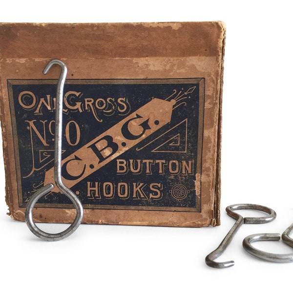 Antique Button Hook, Vintage CBG Button Box, Size 0 Shoe Hooks, Victorian Edwardian Corset Glove Hook, General Store Advertising Box