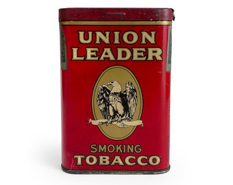 Vintage Tobacco Tin, Union Leader Pocket Tobacco Can, Red Metal Cigarette Case, Stash Box, Tobacco Advertising, Small Storage