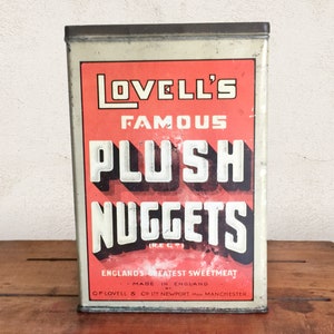 Vintage Candy Tin, Lovell&#39;s Plush Nuggets English Tin, Art Deco Candy Can, Decorative Tins, Antique Candy Box, Industrial Large Food Can