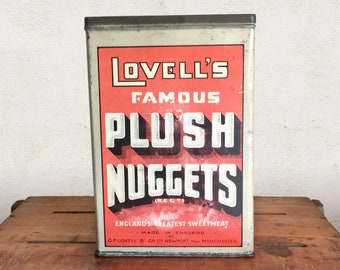 Vintage Candy Tin, Lovell's Plush Nuggets English Tin, Art Deco Candy Can, Decorative Tins, Antique Candy Box, Industrial Large Food Can
