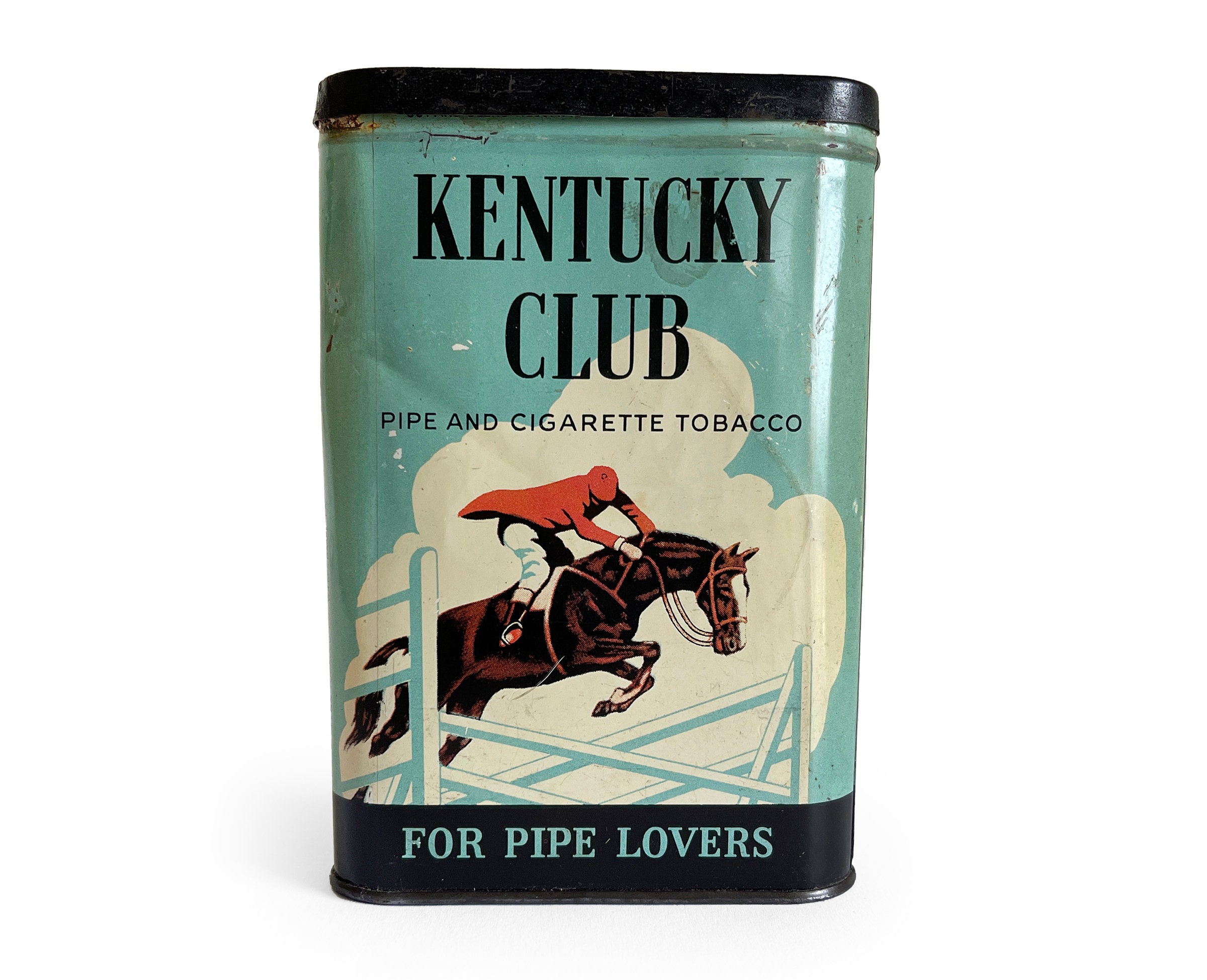 club tobacco Vintage Tobacco Tin, Kentucky Club Pocket Tobacco Can Faceless Jockey  Variation, Rustic General Store Advertising, Metal Cigarette Case