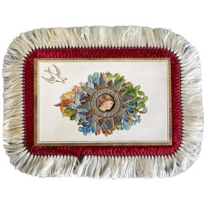 Carte de voeux de Noël victorienne vintage à franges en soie, grande étiquette-cadeau, papier ancien éphémère pour le scrapbooking et la journalisation