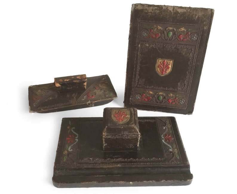 Antique R H Macy S Leather Desk Set Vintage Ink Well Blotter Accessories Office Decor Photography Prop
