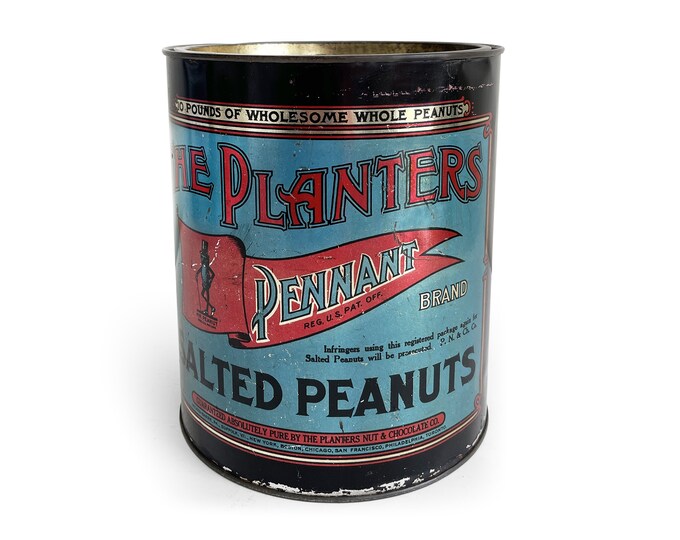 Antique Planters Peanuts Pennant Tin Canister, Mr Peanut Advertising