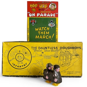 Déambulateur vintage, Hap and Hop avec rampe et boîte, Walkies Marx, rampe en fer blanc et emballage d'origine, Marcheurs soldats, Jouets à tirer en plastique