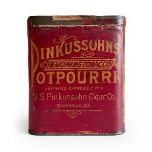 Vintage Pinkussohn&#39;s Potpourri Pocket Tobacco Tin, Paper Label, Tobacco Advertising, General Store Cans, Rustic Shelf Decor, Antique Tinware