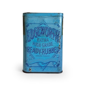 Vintage Edgewertige Taschen-Tabakdose: Tobacciana-Werbesammeldose mit Steuerstempel, blaues Metallzigarettenetui, Stash Box