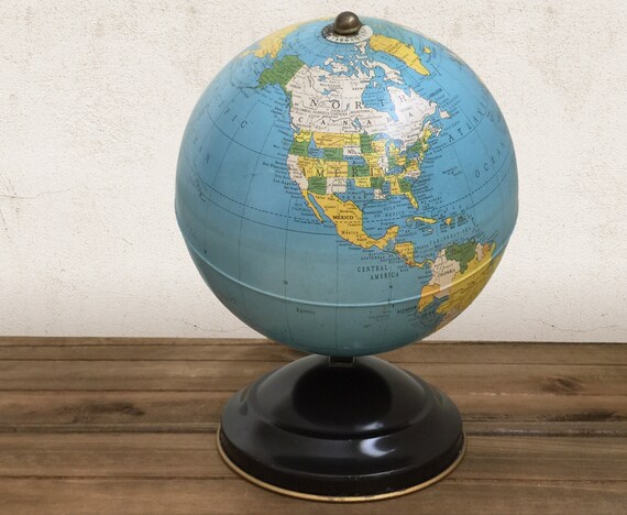 Vintage Replogle Globe World Globe Simplified 8 Inch Globe Tin Metal Globe Gustav Brueckmann Antique Map Cartography Shelf Decor