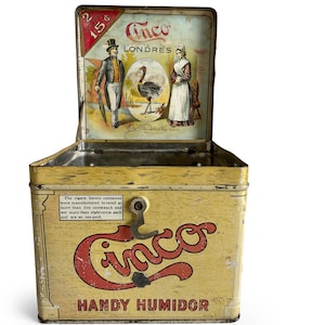 Vintage Cinco Cigar Humidor Tin, Antique Tobacco Advertising Collectible Can for Rustic Decor