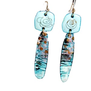 Abstract Enamel Earrings, Long Enamel Drop Earrings, Copper Enamel Jewelry!