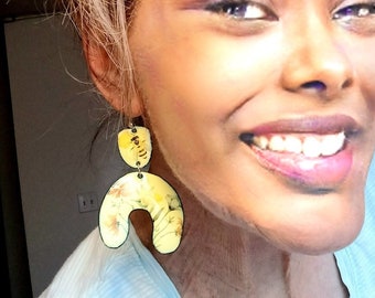 Honeycomb Yellow Earrings, Glass Enamel Jewelry, Long Drop Earrings!