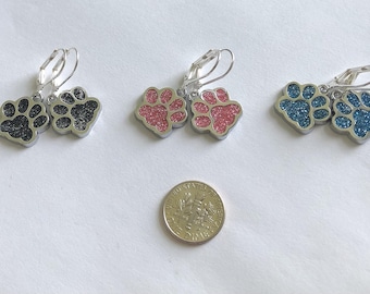 Glitter Enamel Paw Print Earrings, Silver-plated Leverbacks, in Assorted Colors