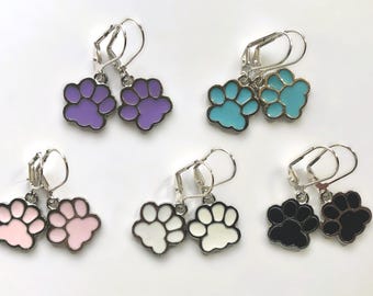 Rosie's Enamel Paw Print Earrings, Silver-Plated Leverbacks, in Assorted Colors