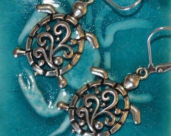 Turtle Earrings, Silver-Tone Finish, Swirl Design, Leverback