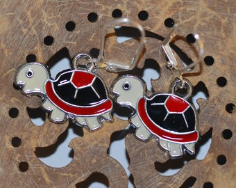 Turtle Earrings, Black and Red Enamel, Silver-Tone Finish, Leverback