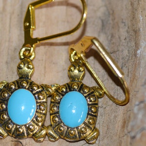 Turtle Earrings, Blue Enamel, Gold-Tone Finish, Leverback