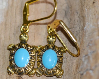 Turtle Earrings, Blue Enamel, Gold-Tone Finish, Leverback
