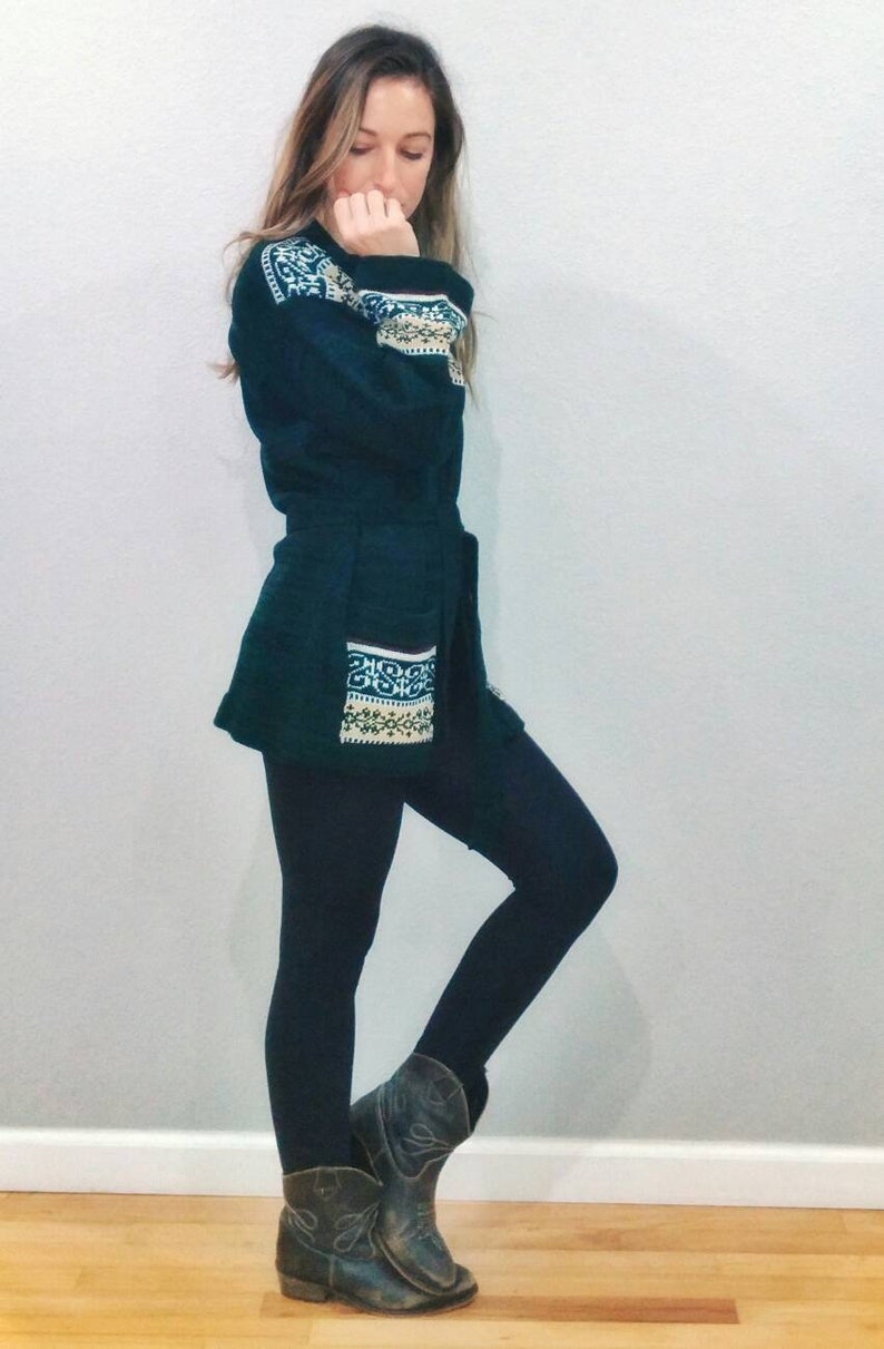 Small xs Bell Sleeve Hippie Sweater Vintage Cardigan Sweater Tribal green and brown Boho