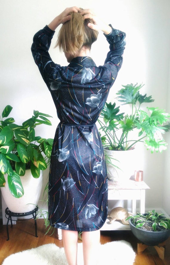 Black Floral Art Deco Slinky 1980s Abstract Long S