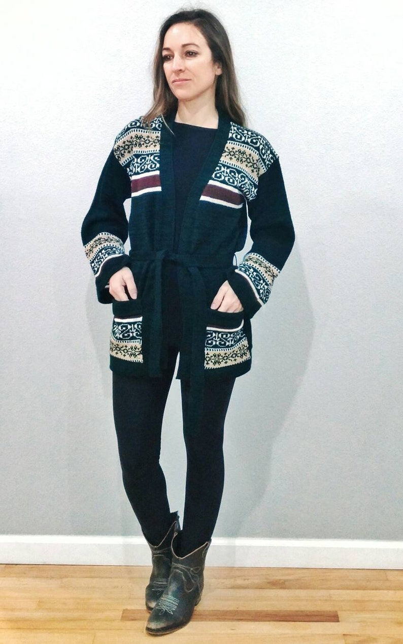 Small xs Bell Sleeve Hippie Sweater Vintage Cardigan Sweater Tribal green and brown Boho