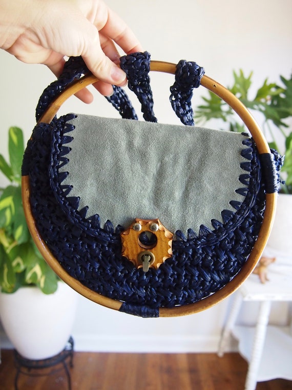 Vintage Round Wooden Purse, Crochet and Leather Pu