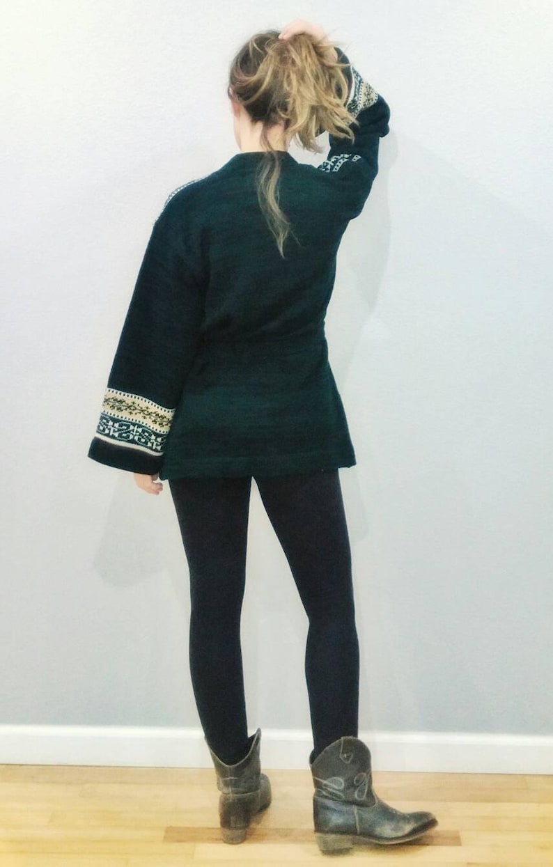 Small xs Bell Sleeve Hippie Sweater Vintage Cardigan Sweater Tribal green and brown Boho