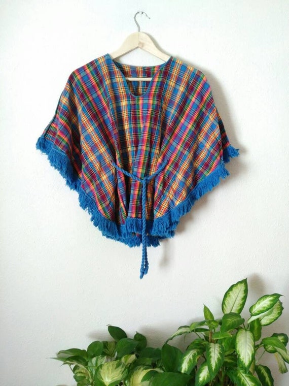 Vintage 1960s Hippie Colorful Poncho with Fringe a
