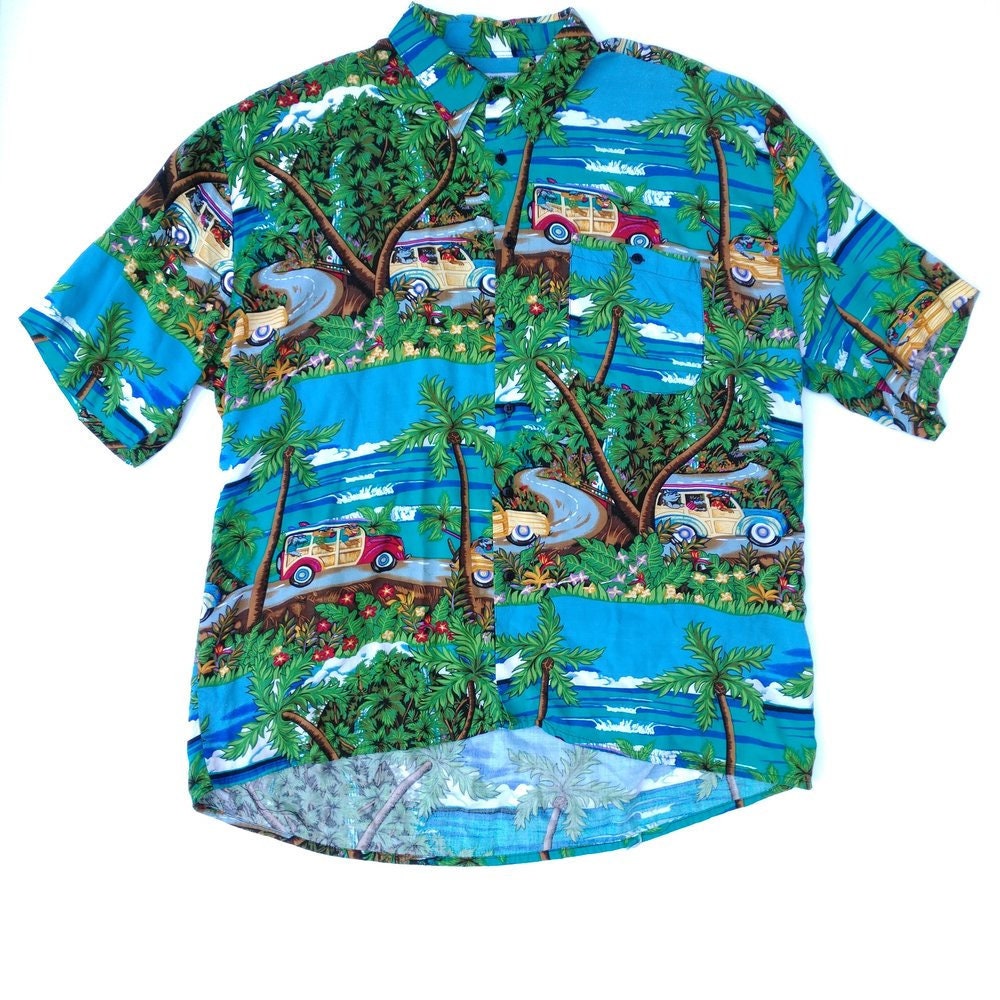 Vintage Hawaiian Aloha Shirt Woody Cars and Coconut Palms | Etsy