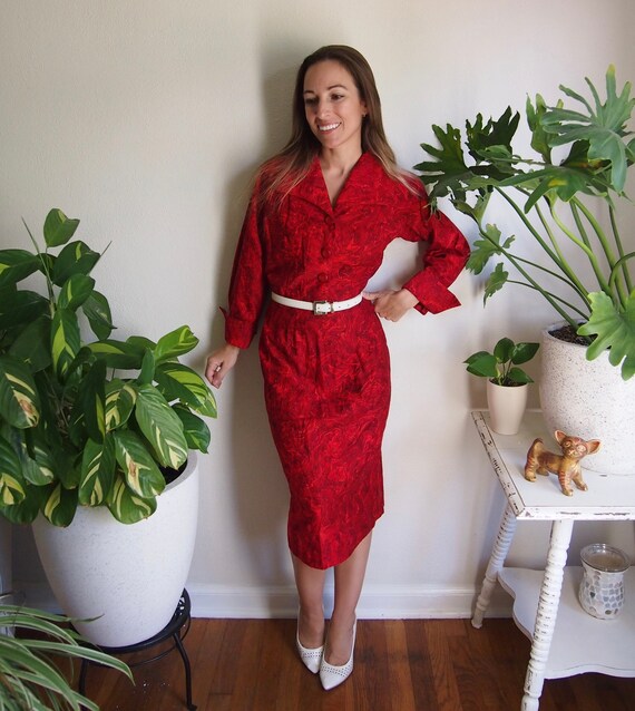 1950s Wiggle DressVintage Red Midi Dress, Collar P