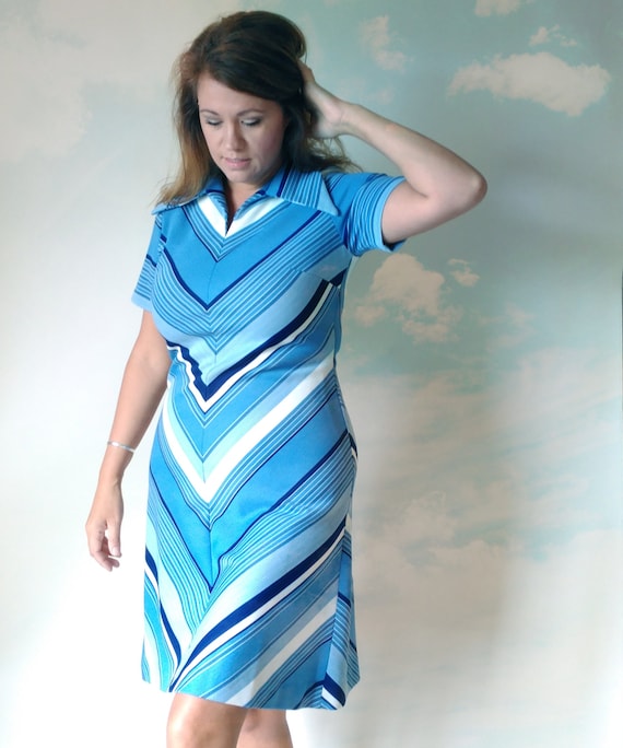 Vintage Blue Dress, Chevron Pattern, Large, 60s 70