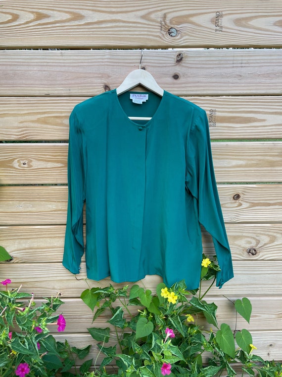 1980s Silk Long Sleeve Green Shirt, Jewel Tone Eme