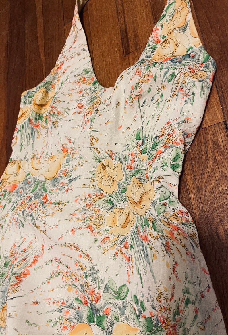 1970s Floral Maxi Dress, Hippie Halter Dress, Yellow Floral Botanical ...