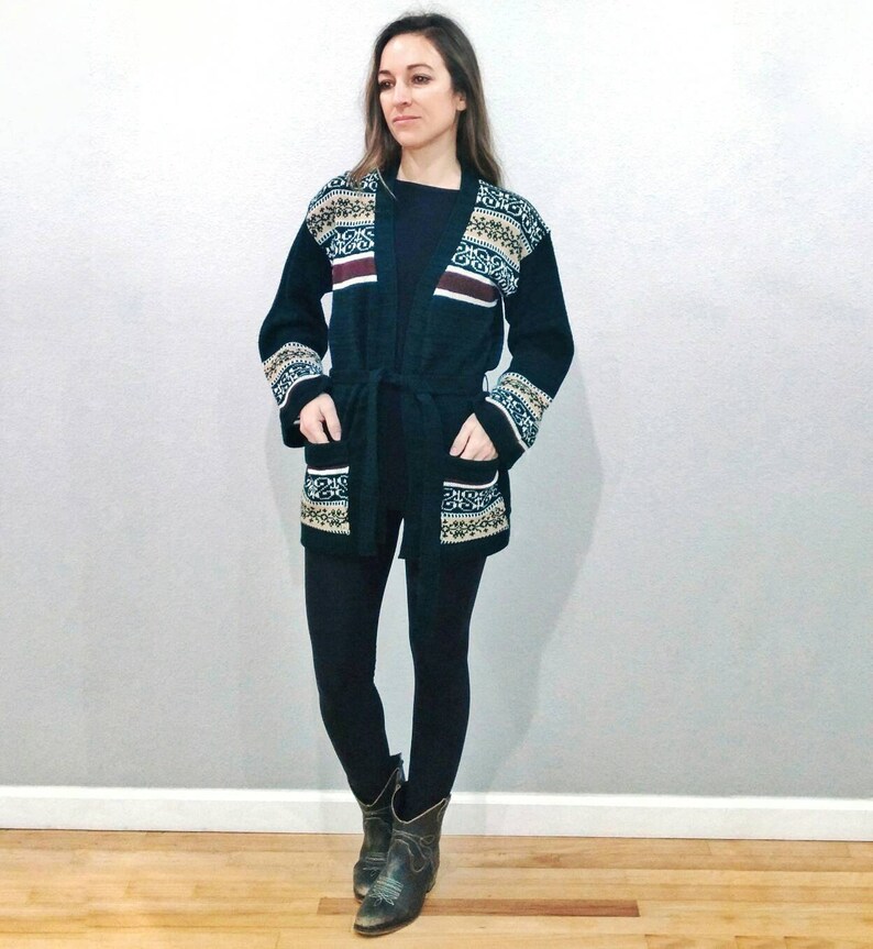 Small xs Bell Sleeve Hippie Sweater Vintage Cardigan Sweater Tribal green and brown Boho