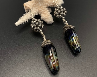 Lampwork bead Earrings, lampwork earrings, Woven Bead Earrings, Black lampwork Glass Beads, Artisan Jewelry, Sher Berman
