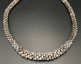 Faceted Silverite Bead Crochet Necklace crochet necklace crocheted beads artisan jewelry Silverite necklace Sher Berman