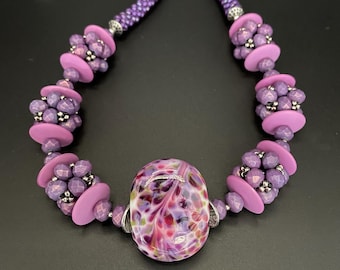 Lampwork Glass Bead Crochet Necklace: Purple Artisan Jewelry