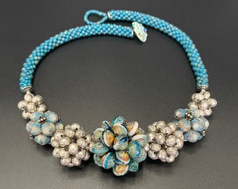 Faceted Silverite Bead Crochet Necklace crochet necklace crocheted beads artisan jewelry Silverite necklace Sher Berman