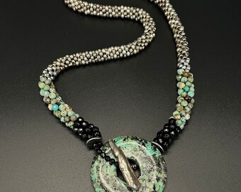 Faceted Silverite Bead Crochet Necklace crochet necklace crocheted beads artisan jewelry Silverite necklace Sher Berman