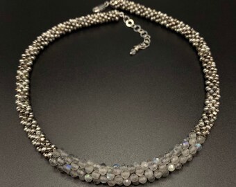 Faceted Silverite Bead Crochet Necklace crochet necklace crocheted beads artisan jewelry Silverite necklace Sher Berman