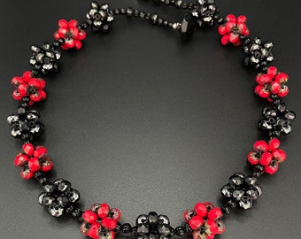 Red and Black Beaded Bead Necklace: Woven Artisan Jewelry