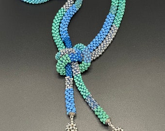 Dramatic Bead Crochet Lariat, Blue Bead Crochet Necklace, bead crochet, crochet necklace, lariat necklace, Artisan Jewelry, Sher Berman